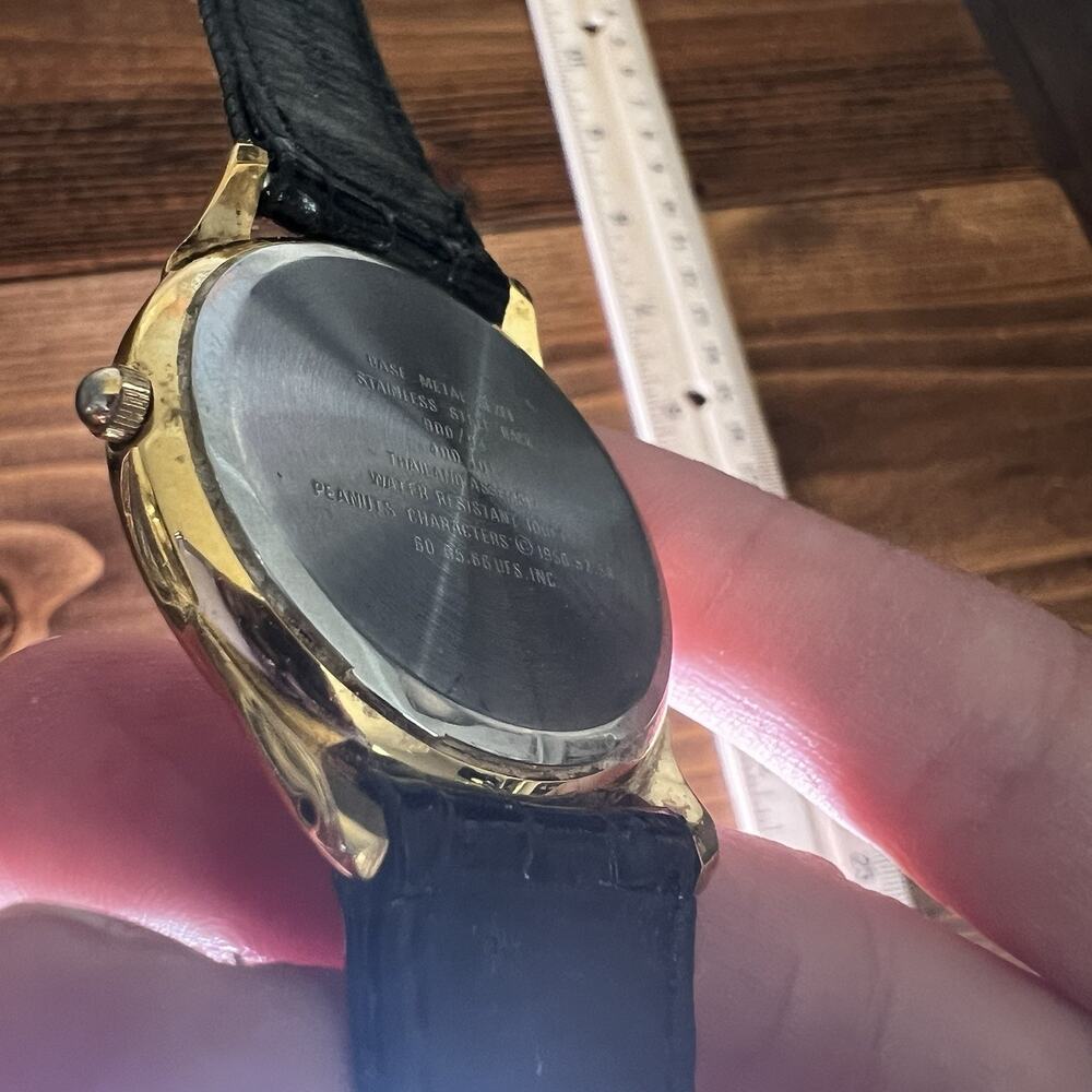 VTG Armitron Peanuts Characters watch GoldTone Black Leather Strap Needs Battery - Picture 7 of 16